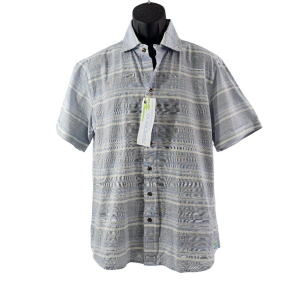 Seaplane Men’s Blue Stripe Button Down Short Sleeve Shirt - Size Large NWT